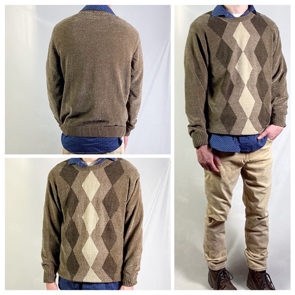 Dockers Brown Argyle Grandpa Pullover Fuzzy Crew Sweater Sz Large - Picture 2 of 7
